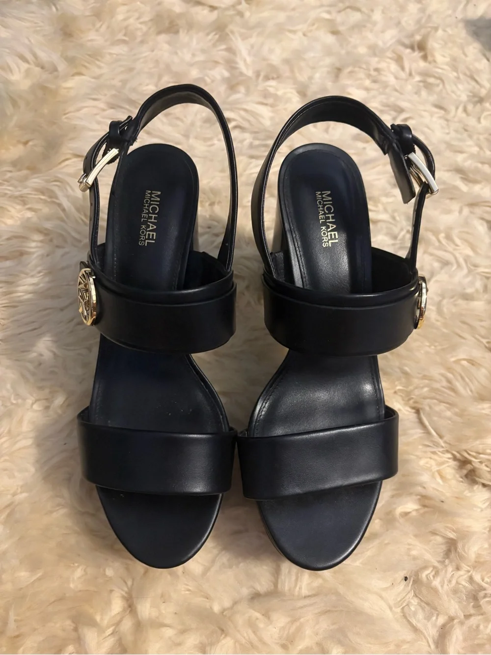 Michael Kors Black Leather Dual-Strap Block Heel Sandals with Gold Logo